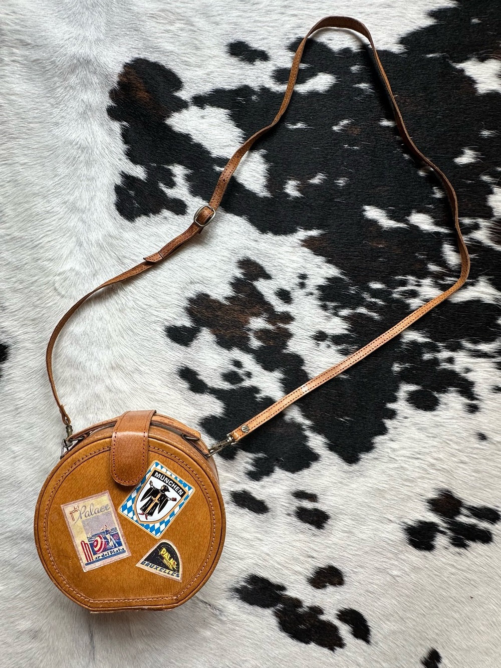 Vintage Leather Pillbox Crossbody Purse with Travel Stickers & Magnetic Closure